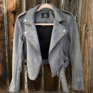 Bershka faux suede biker jacket in grey